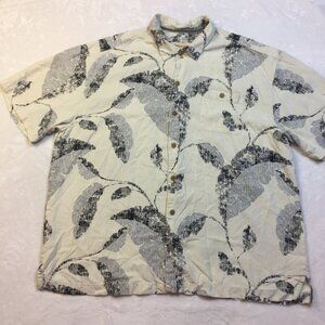 Tommy Bahama Hawaiian Shirt XXL 100% Silk Leaf Print Ivory Black Button up